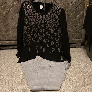 Chico’s Black Leopard Print long sleeve sweater and Gray jeans